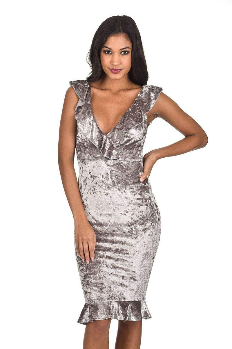 Grey Velvet Bodycon Dress With Frill Detail