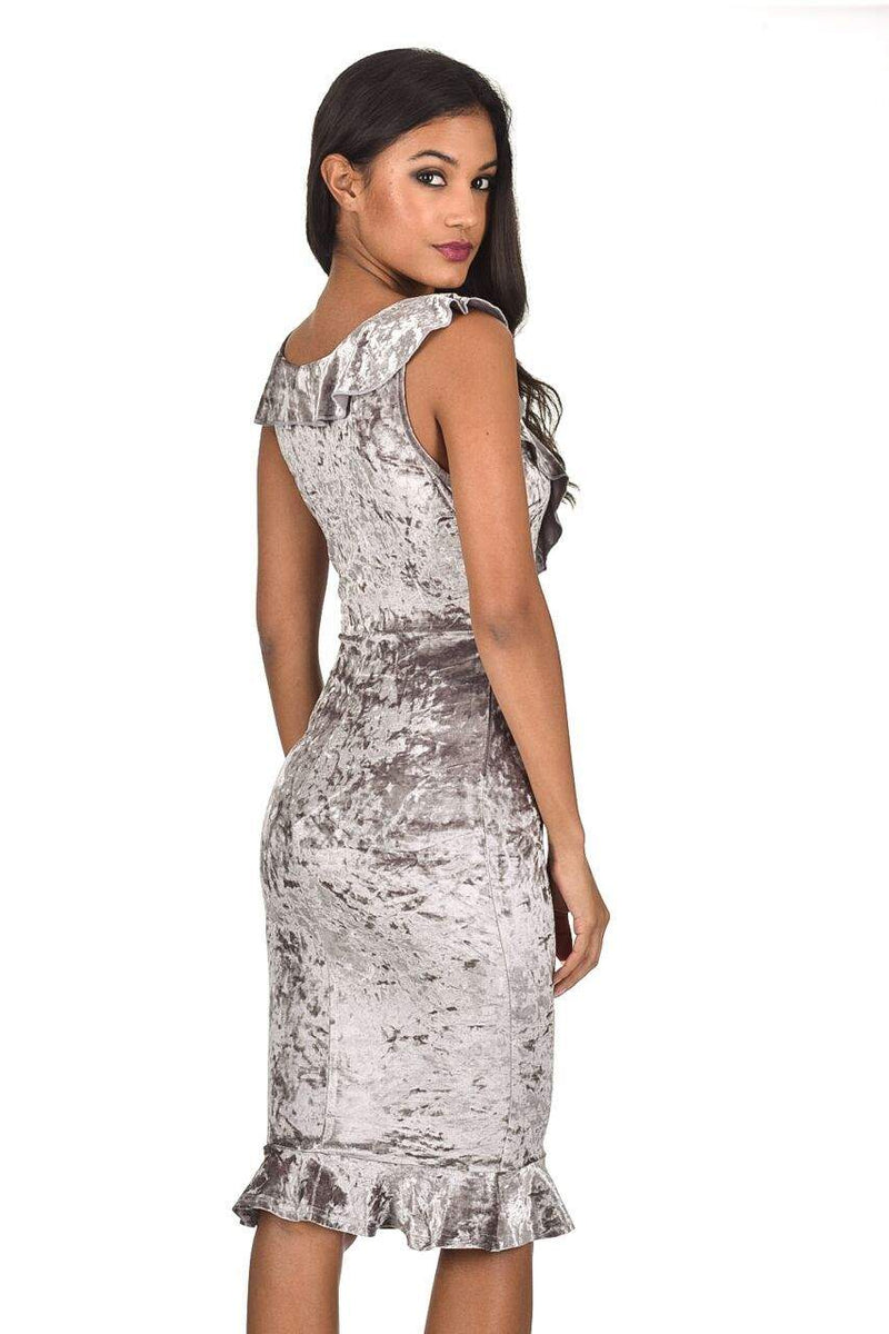 Grey Velvet Bodycon Dress With Frill Detail