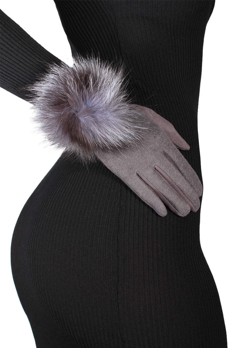 Grey Touch Screen Gloves With Fur Detail
