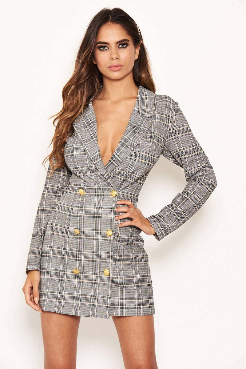 Grey Check Gold Button Blazer Dress AX Paris Grey Check Gold Button Blazer Dress AX Paris