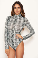 Grey Snake Print High Neck Bodysuit