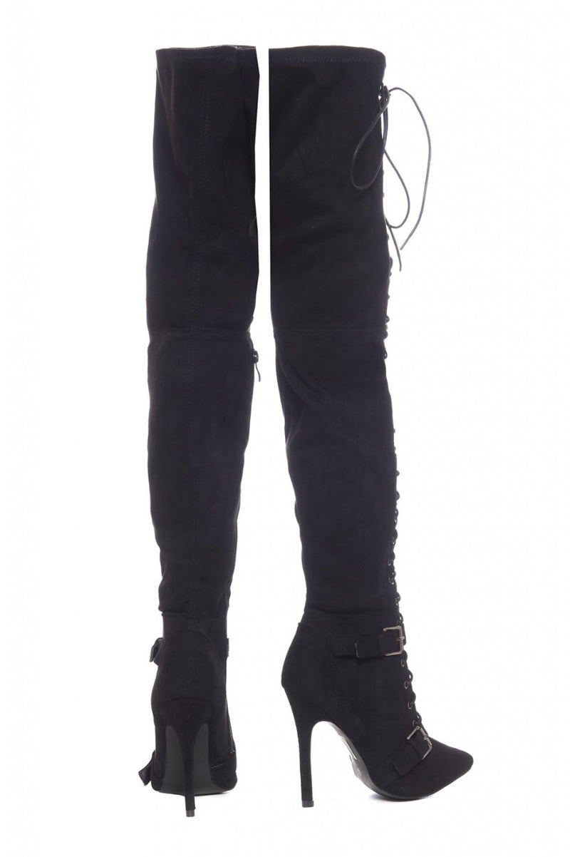 Lace Up Buckled Knee High Boots