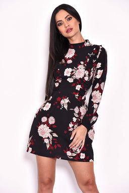 High-Neck Black Floral Mini Dress