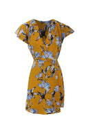 Yellow Floral Wrap Dress With Ruffled Sleeves