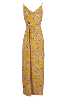 Yellow Floral Print Thigh Split Maxi Dress