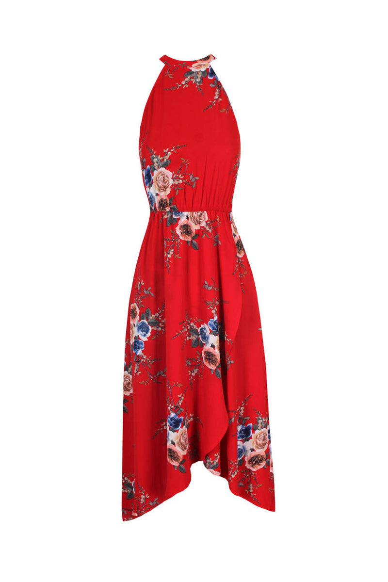 Red Floral Asymmetric Choker Neck Maxi Dress