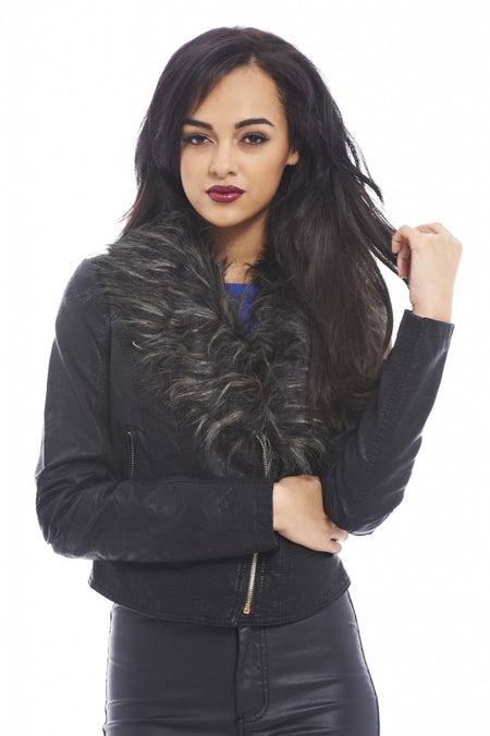 Leather Look Fur Collar Jacket