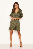 Khaki Leopard Print Full Wrap Mini Dress