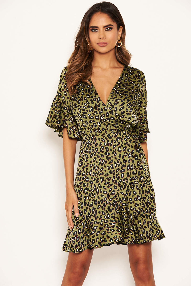 Khaki Leopard Print Full Wrap Mini Dress