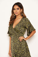 Khaki Leopard Print Full Wrap Mini Dress