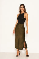 Khaki Animal Print Midi Skirt