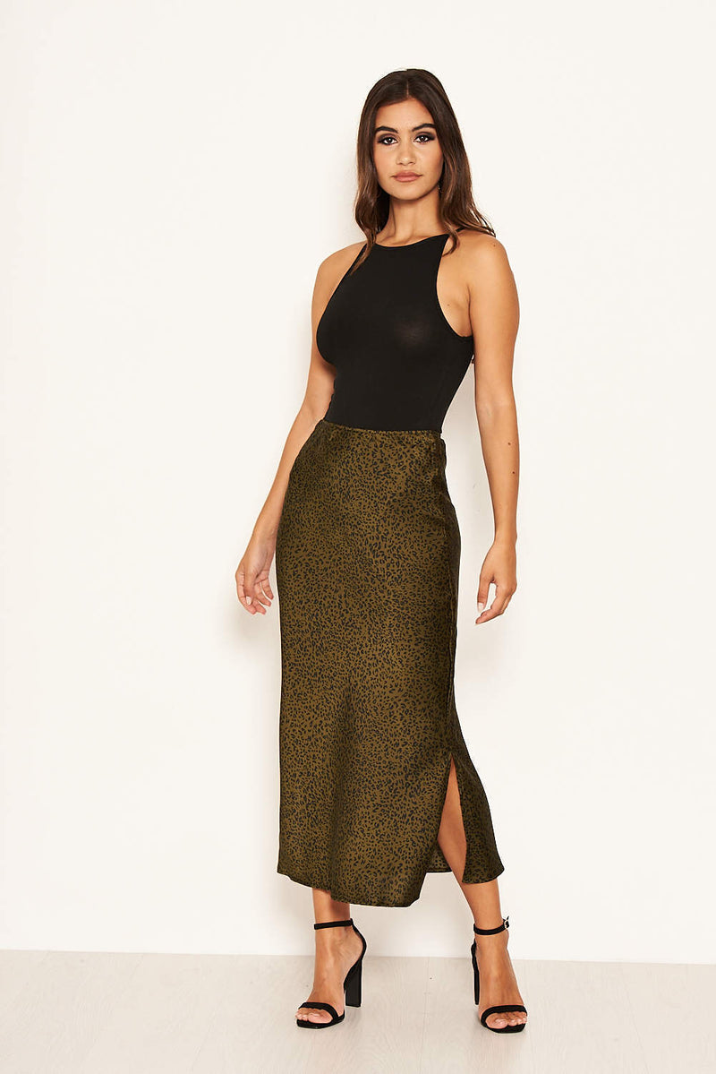 Khaki Animal Print Midi Skirt AX Paris