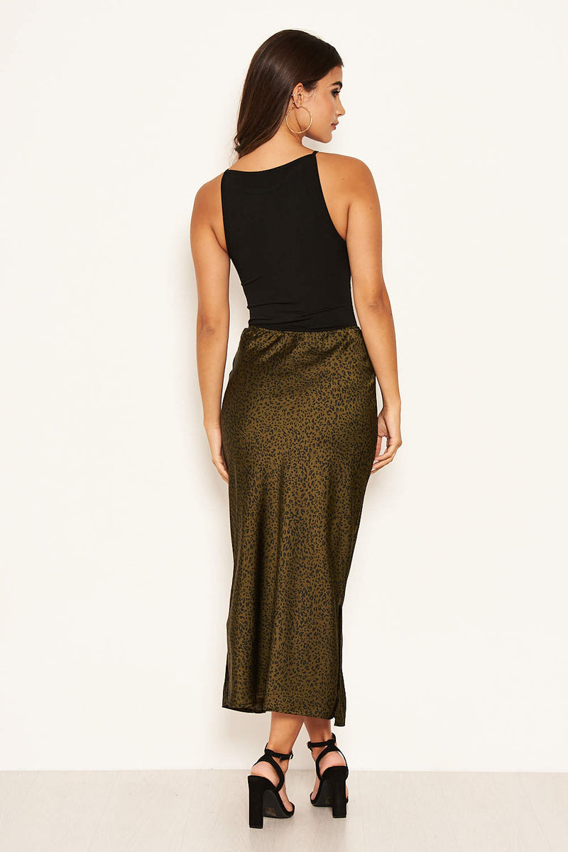 Khaki Animal Print Midi Skirt