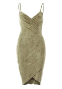 Khaki Wrap Front Suede Dress