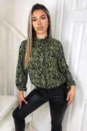 Khaki Animal Print Frill Neck Top