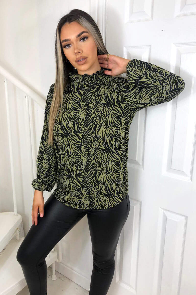 Khaki Animal Print Frill Neck Top