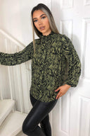 Khaki Animal Print Frill Neck Top