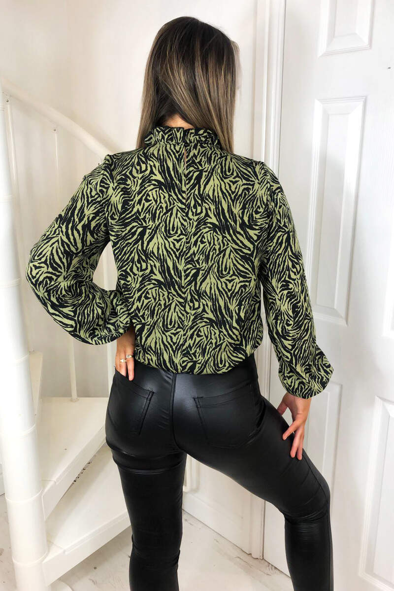 Khaki Animal Print Frill Neck Top