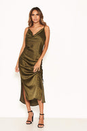 Khaki Animal Print Ruched Detail Midi Dress