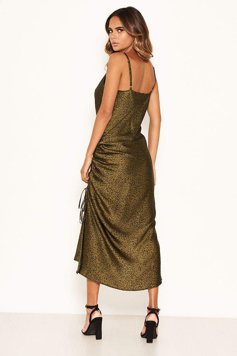 Khaki Animal Print Ruched Detail Midi Dress