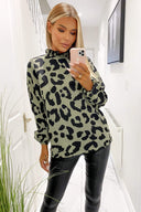 Khaki Animal Print Ruffle High Neck Top