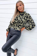 Khaki Animal Print Ruffle High Neck Top