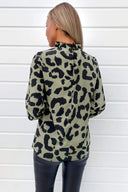 Khaki Animal Print Ruffle High Neck Top