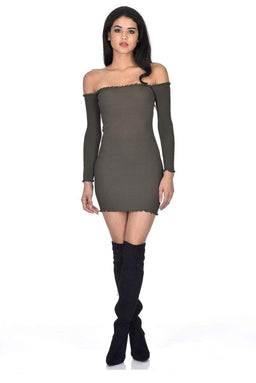 Khaki Bardot Ruffle Detail Knit Dress