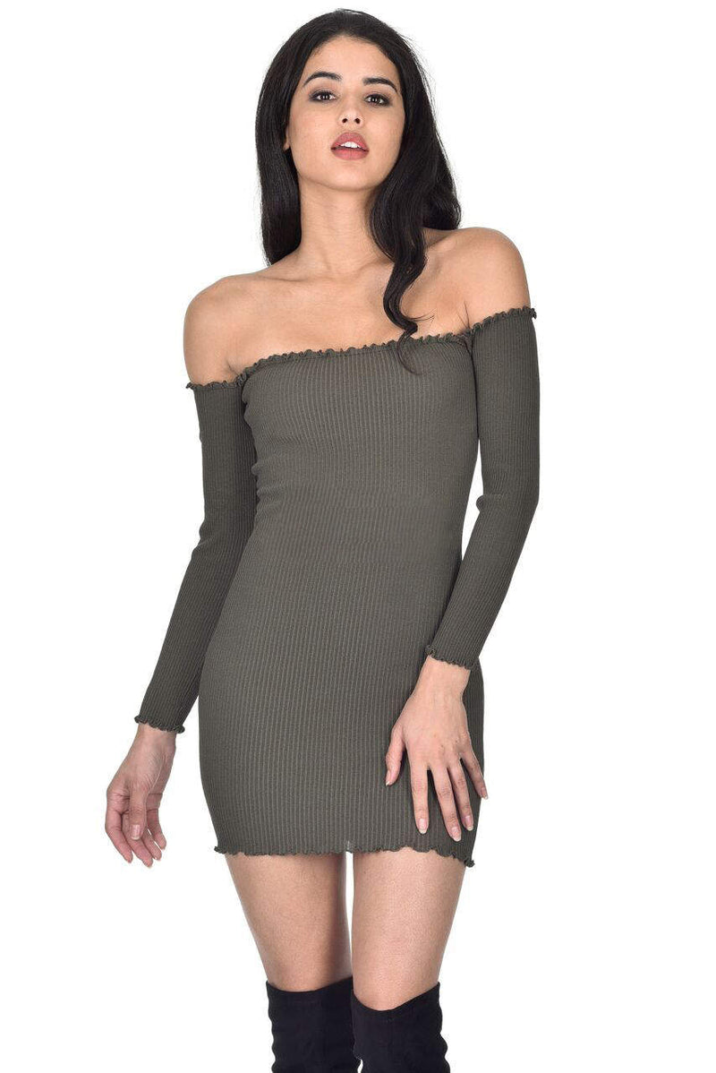 Khaki Bardot Ruffle Detail Knit Dress AX Paris Khaki Bardot Ruffle Detail Knit Dress AX Paris