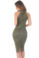 Khaki Cut In Neck Detail Lace Midi Dress