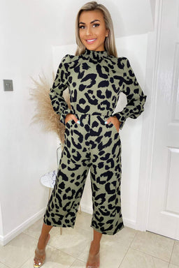 Khaki Elasticated Neck Long Sleeve Culotte Jumpsuit