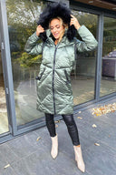 Khaki Faux Fur High Shine Coat