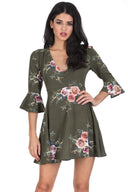 Khaki Floral Print Wrap Over Skater Dress