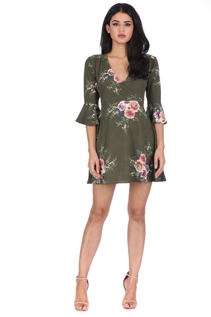 Khaki Floral Print Wrap Over Skater Dress