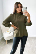 Khaki High Neck Dip Hem Blouse