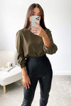 Khaki High Neck Dip Hem Blouse