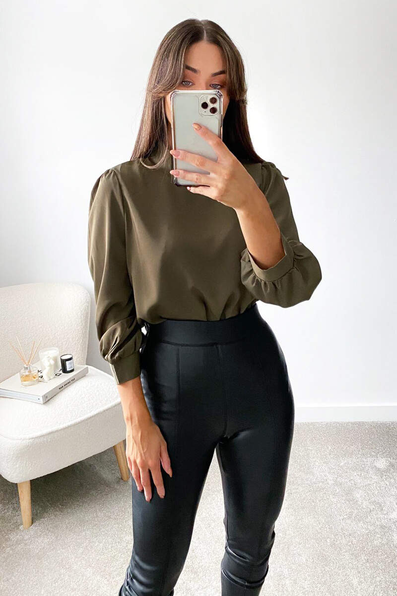 Khaki High Neck Dip Hem Blouse