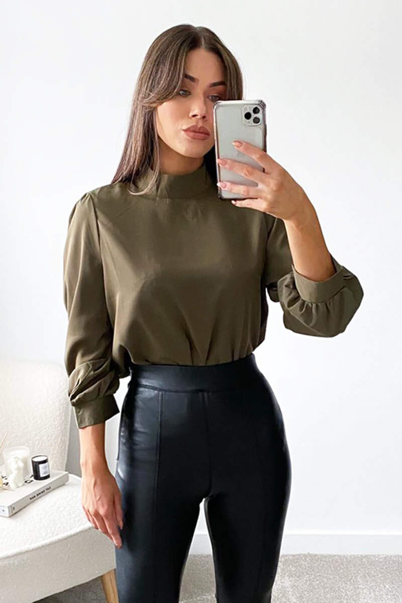 Khaki High Neck Dip Hem Blouse