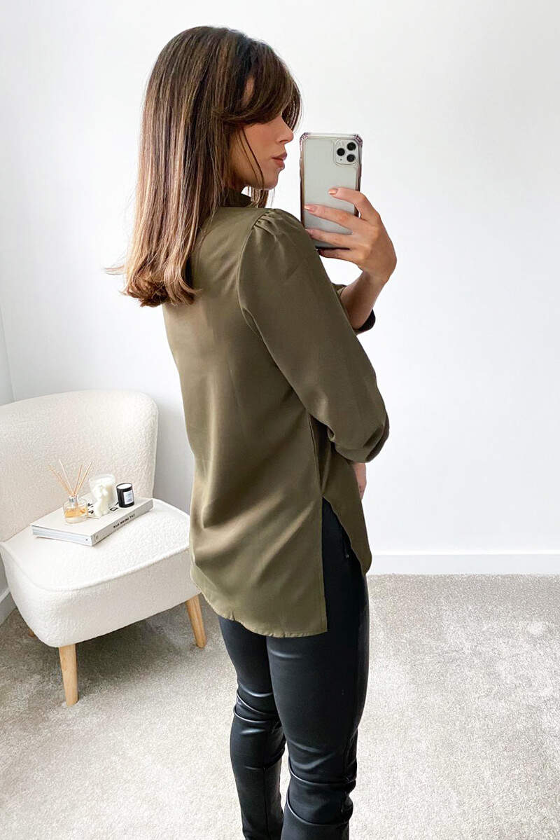 Khaki High Neck Dip Hem Blouse