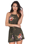 Khaki High Neck Floral Playsuit