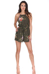 Khaki High Neck Floral Playsuit