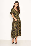 Khaki Leopard Print Wrap Midi Dress