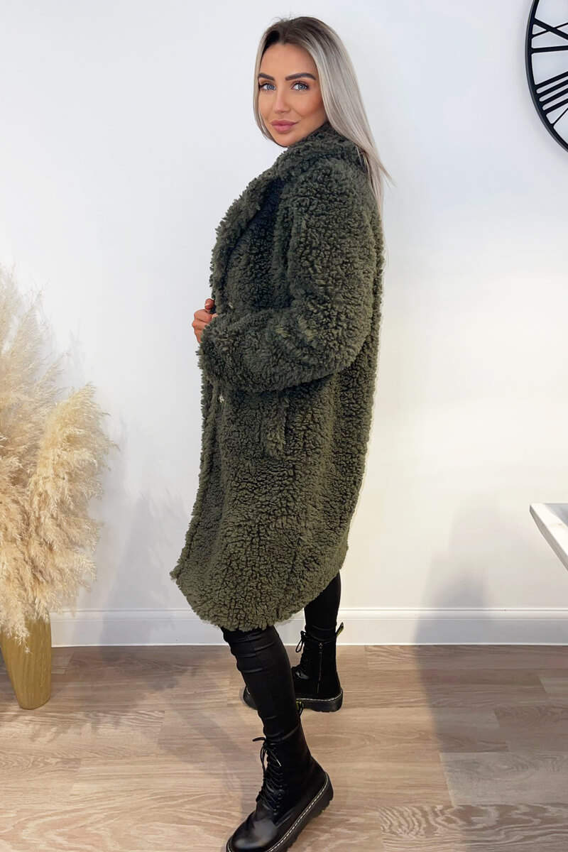 Khaki Long Line Teddy Faux Fur Coat