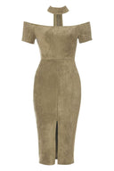 Khaki Off The Shoulder Choker Dress With Capped Sleeves