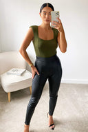 Khaki Padded Shoulder Sleeveless Bodysuit