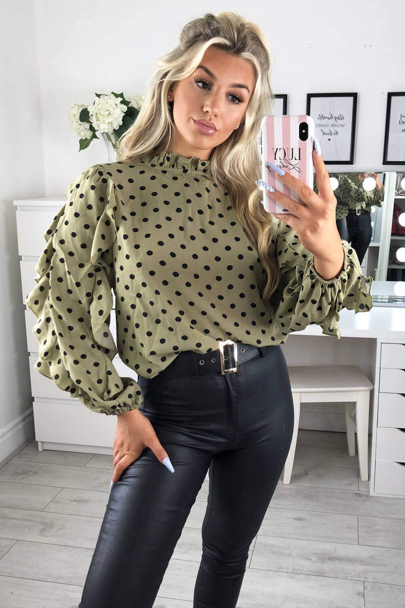 Khaki Polka Dot Frill Sleeve Top – AX Paris