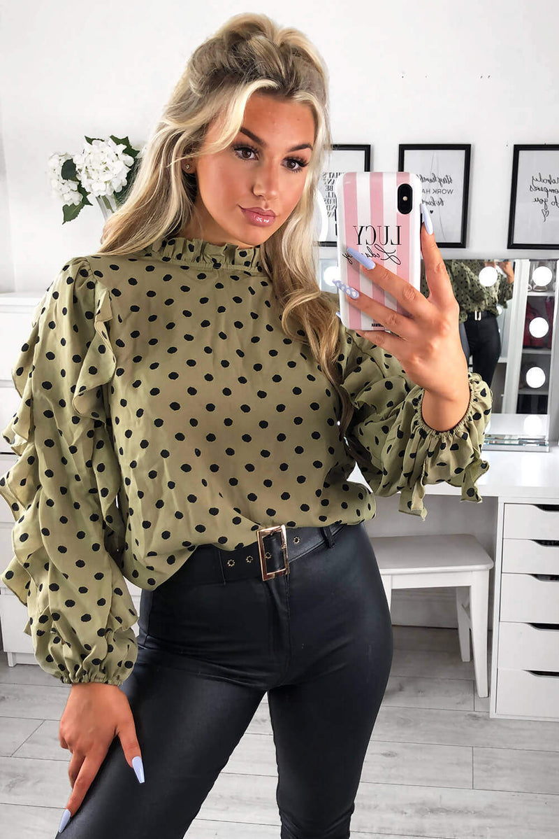 Khaki Polka Dot Frill Sleeve Top – AX Paris