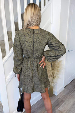 Khaki Printed Gathered Split Sleeve Skater Dress