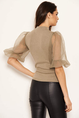 Khaki Puff Sleeve Knitted Top