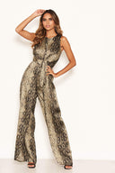 Khaki Snake Print Jumpsuit With Knot Front